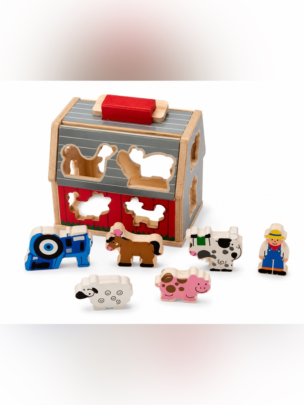 Melissa & Doug Red & Gray Wooden Farm Shape Sorter with Colorful Animal Pieces